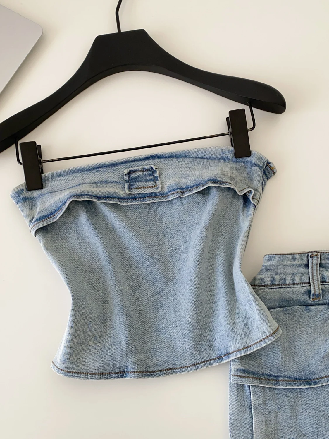 Slimming High Waist A-Line Denim Set for Women Summer Fashion Workwear Skirt with Big Pockets Retro American Style Two-Piece ...