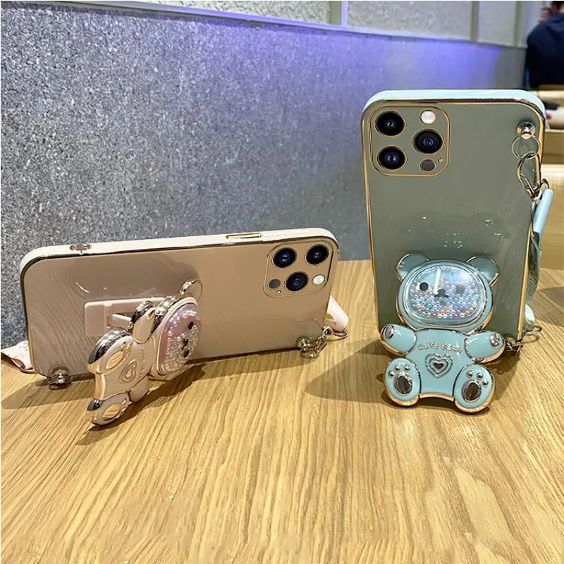 Quicksand Bear Holder Lanyard Phone Case For iPhone 15 14 11 12 13 Pro Max Mini 8 7 6 Plus 10 X Xr Xs Max SE Strap Stand Cover