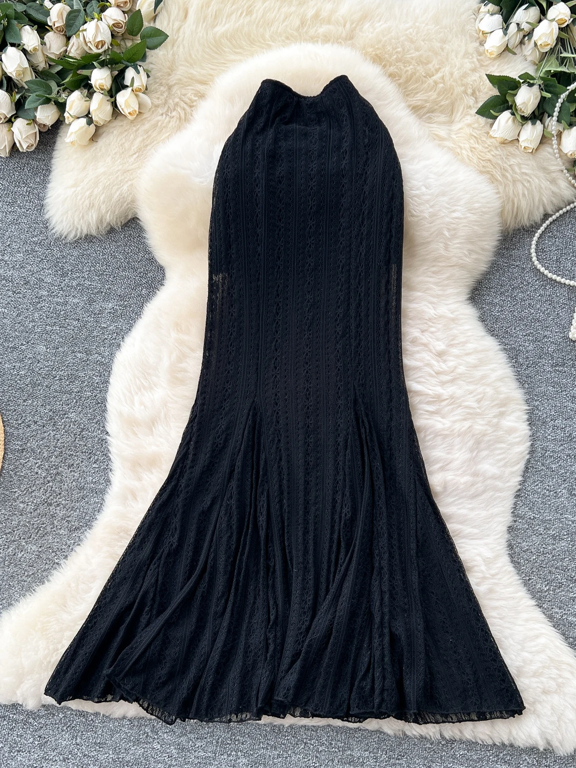 Ele Lace Fi Tail  Skirt Women's High Waist A-Line Skirt Slimming Fit Summer Commute Korean Sle Polyester Fiber