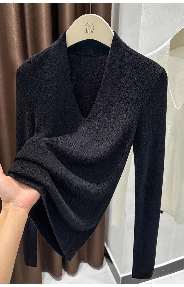 AOSSVIAO Herbst Winter Schwarzer Damen-Pullover mit V-Ausschnitt, langärmelig, schmale Passform, weicher Strickpullover, weiche, vielseitige Basic-Layering-Tops – Detail 21