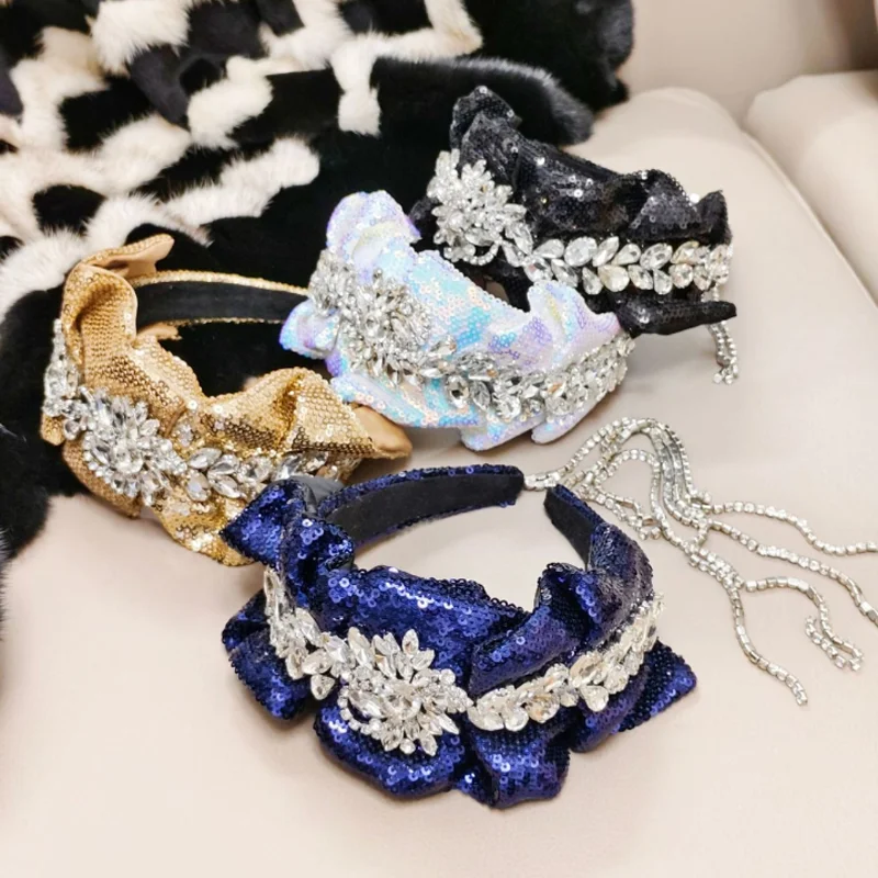 ヴィンテージ高級ダイヤモンドタッセルヘアフープヘッドバンド、フルスパンコールフリルヘアバンド、プレスヘアヘアクリップ、アクセサリーとヘッドウェア