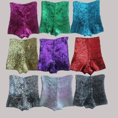 Mulheres estiramento cintura alta prateada lantejoulas completas Shorts de dança, calça glitter brilhante, senhora