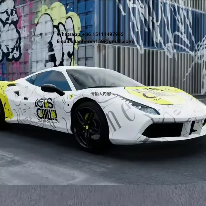 Personal Custom Gloss White to Yellow PVC Custom Cartoon Painted Gradient Printed Stickers Vinyl Car Color Changing Film