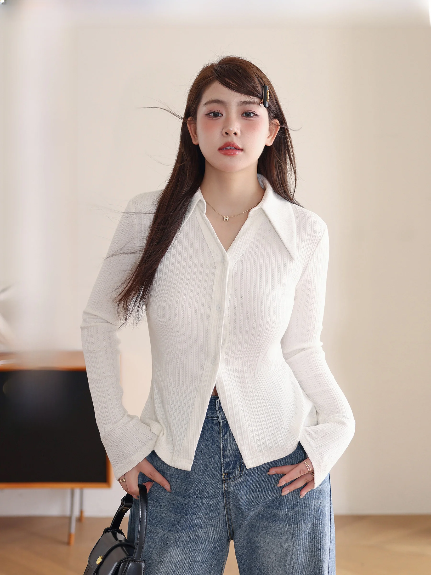 

Белая блузка Ele с эффектом утягивания талии, разрезом по низу, для полных женщин, в корейском стиле, с длинным рукавом и воротником, для повседневной носки