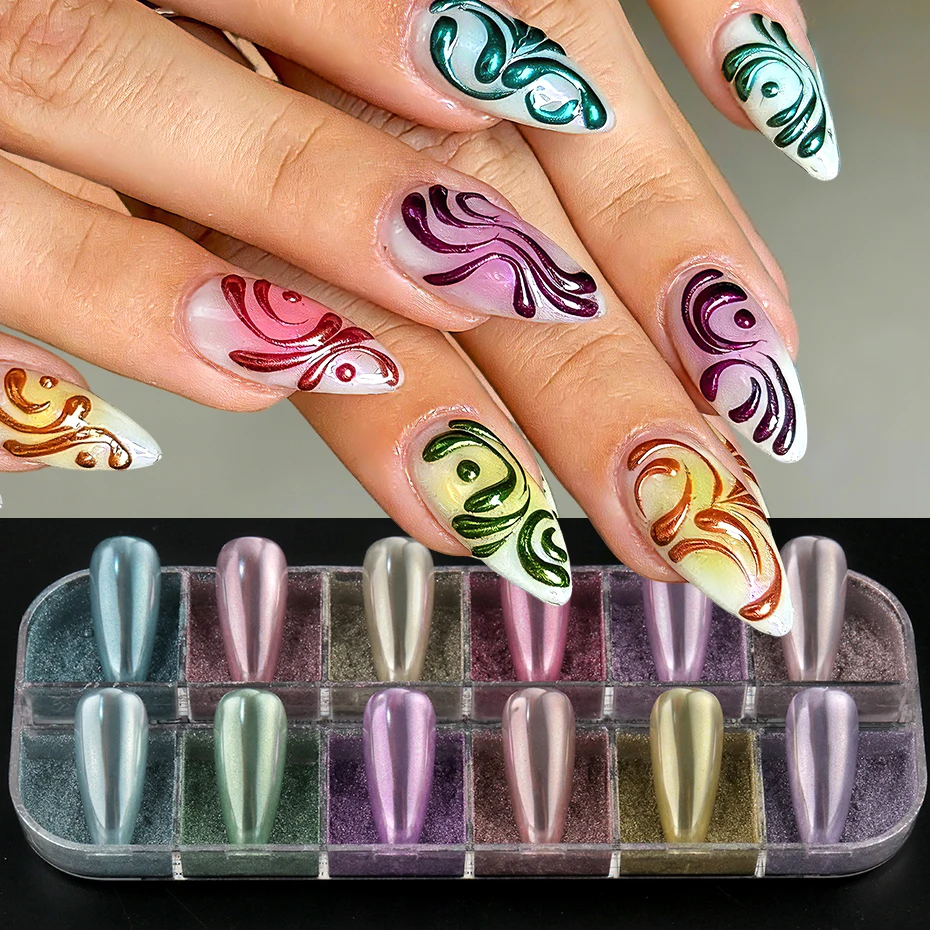 12 Colors Mirror Chrome Nail Powder Set Metallic Pigment Dust Golden Pink Purple Glitter Powder Manicure Nail Art Decorations