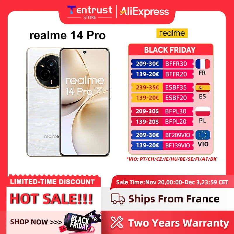 Smartphone Realme 14 Pro 5G, version globale, appareil photo Sony IMX882 OIS 50MP, dimension 7300 nergie, cran de vision incurv 120Hz, IP69