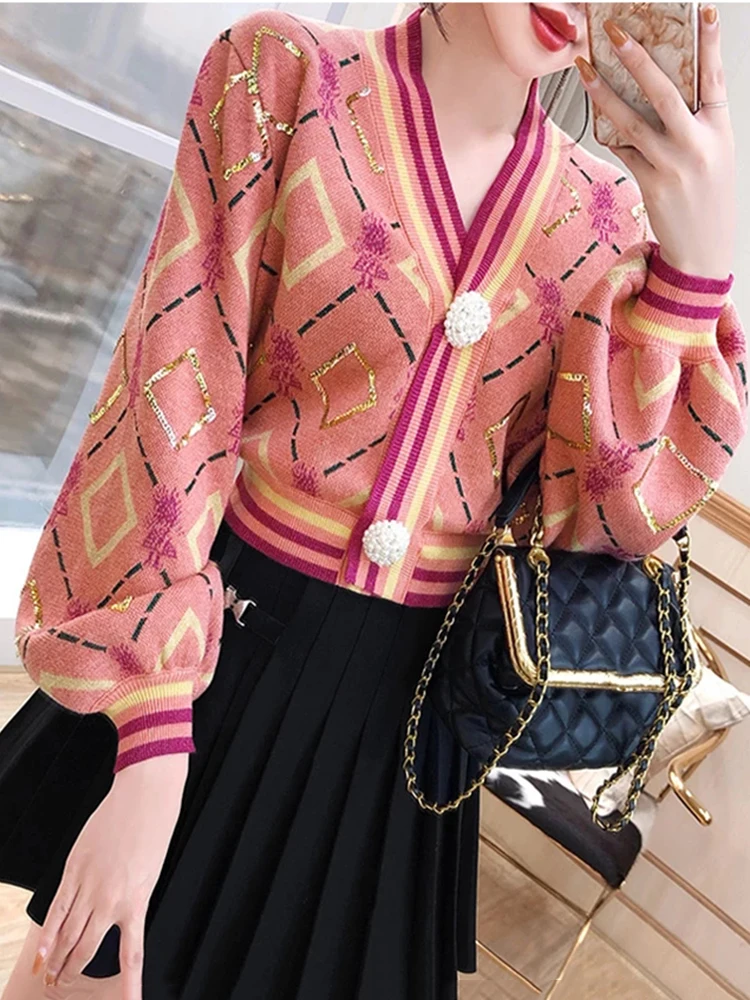 Fashion Spring Fall Knit Cropped Cardigan Lantern Sleeve Casual V-Neck Slim Argyle Women Sweater Outwear High Quality C-031