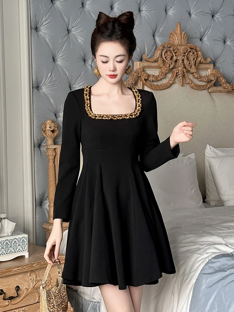Women Clothes Black Gold Sequin Square Neck Slim Mini Short A-Line Dress Elegant Luxury Fashion Evening Party Prom Vestidos New