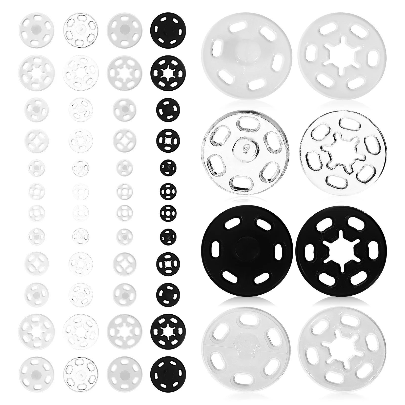 

120 Sets Plastic Snap Buttons 7mm 10mm 15mm Black White Translucent Transparent Clothing Bags Shoes Hats Sewing Projects Craft