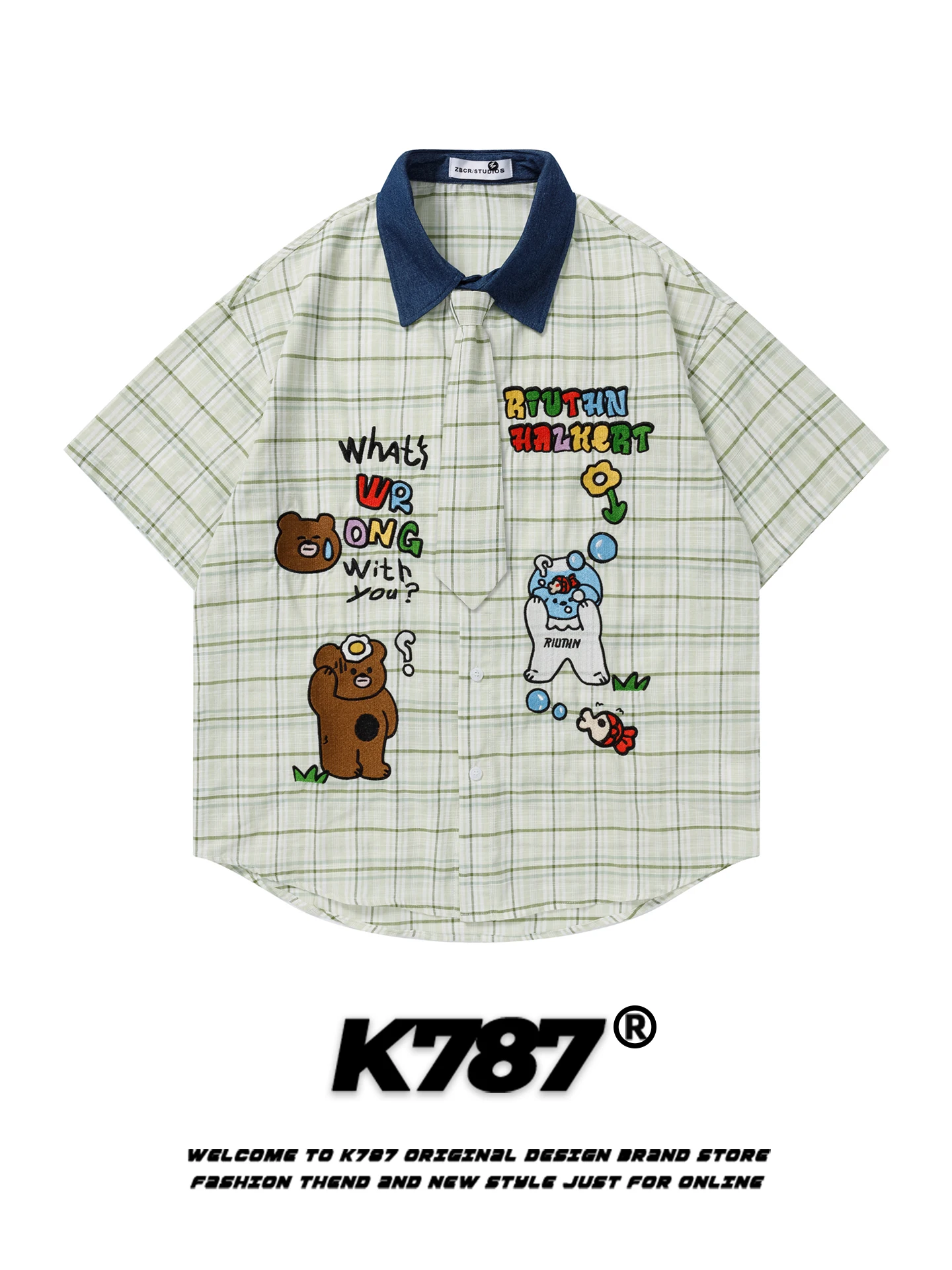 

K787 Japanese Cartoon Bear Embroidery Plaid ort Sve Loose Men's irt with Tie Casual Chic irt Jaet for Teens