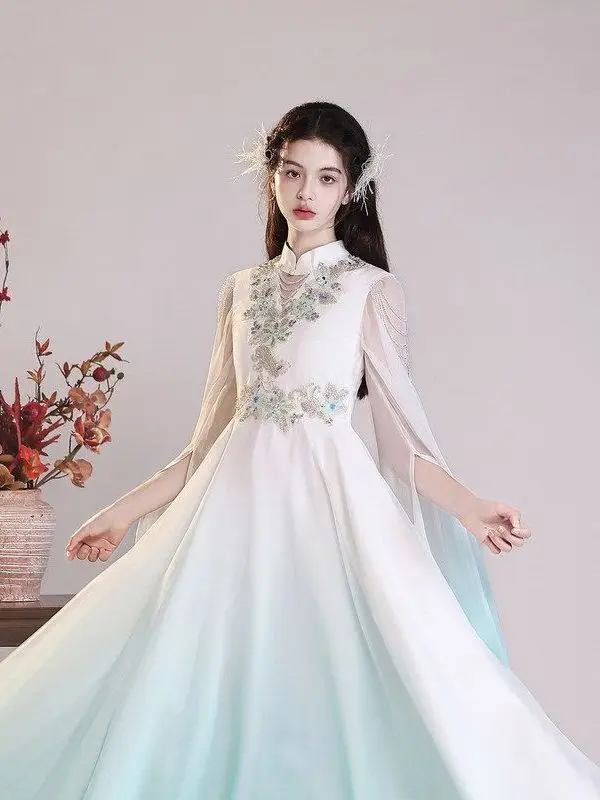 Vestido de Dança Clássica Estilo Chinês Verde Menta para Meninas, Saia Longa de Performance de Harpa Antiga, Traje de Fada Et...