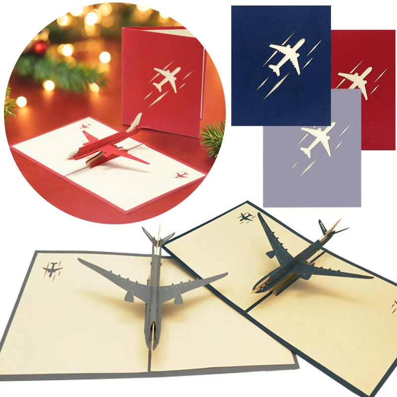 3PCS Gemischte Farbe Zivil Luftfahrt Stil 3D Flugzeug Form Grußkarte Blau Rot Grau Faltbare Einladung Weihnachten Geschenk Karten ZYF
