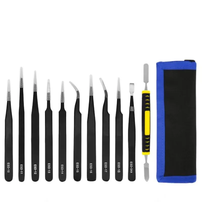 11PC Stainless Steel Anti Static Tweezers Set Precision Electronic Repair Tools for Maintenance