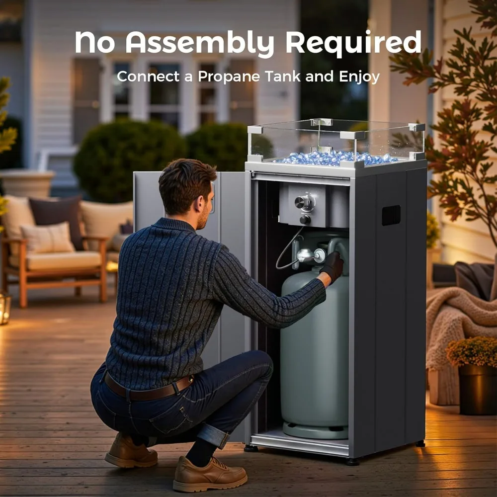 15 Inch Outdoor Propane Fire Pit with Glass Wind Guard, Square Patio Fireplace featuring Fire Glass Stones and Wind-Resistant De