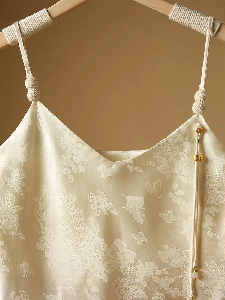 Jacquard Satin Silk Vest Women Retro Casual V Neck Suspensder Chinese Style Vintage Sleeveless Tops