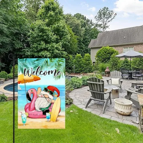 Welcome Summer Garden Flag, Beach Gnome with Flamingo Float, 12x18 Inch XXQ