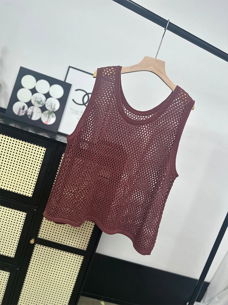 High Quality Summer Thin Cut Hollowed Out Linen Knitted Vest New Chinese Style Small Vest for Women's Outerwear Summer Top