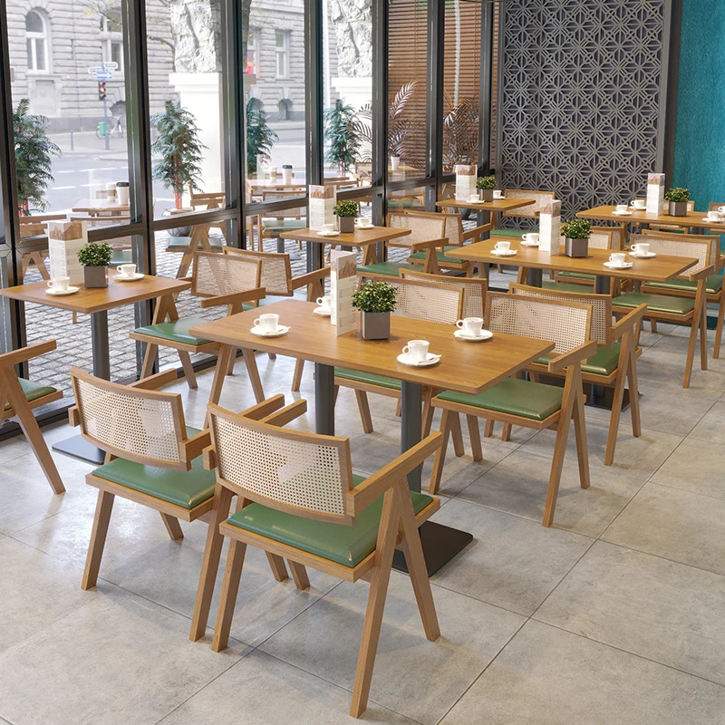 Solid Wood Woven Rattan Chair Tavern Milk Tea Coffee Shop Western Casual Restaurant Table and Chairs Combination Wabi Sabi
