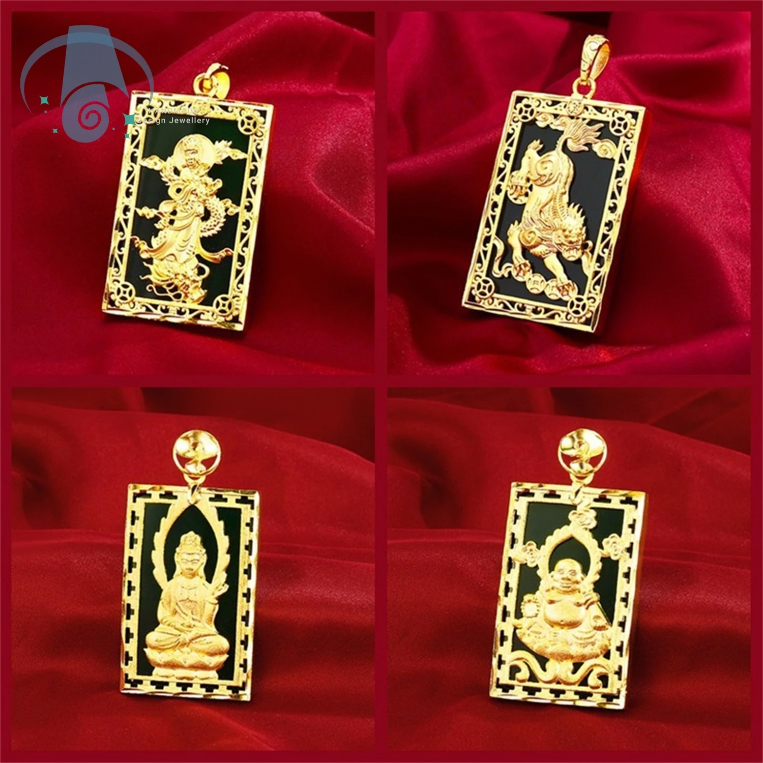 Dragon Horse Sailboat Charm Necklace for Men Gold Chain with Black Obsidian Guan Gong Jade Pendant Spiritual Mens Jewelry Gift