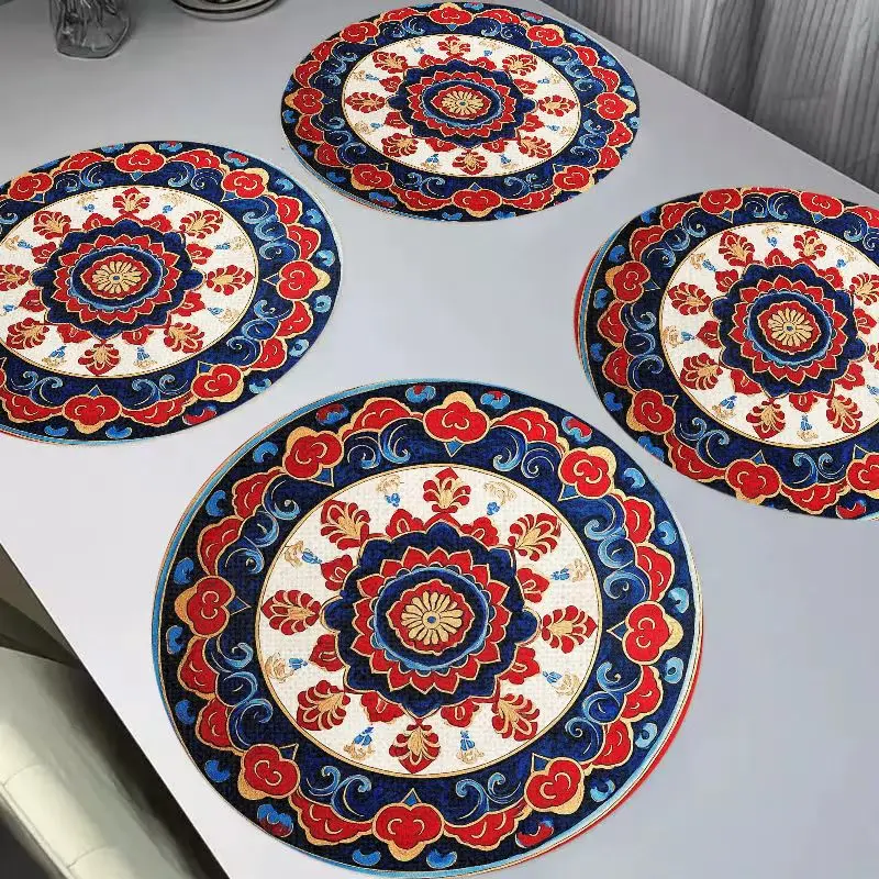 VIKAMA China-Chic Dunhuang Round Linen Placemats Heat Resistant Wear-Resistant Washable for Dining Table Kitchen Decor