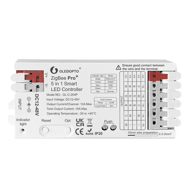 GLEDOPTO Five-In-One LED Light Strip Controller LED Strip Light Controller GL-C-204P 12-48V Zigbee+2.4G RF Compatible With HA