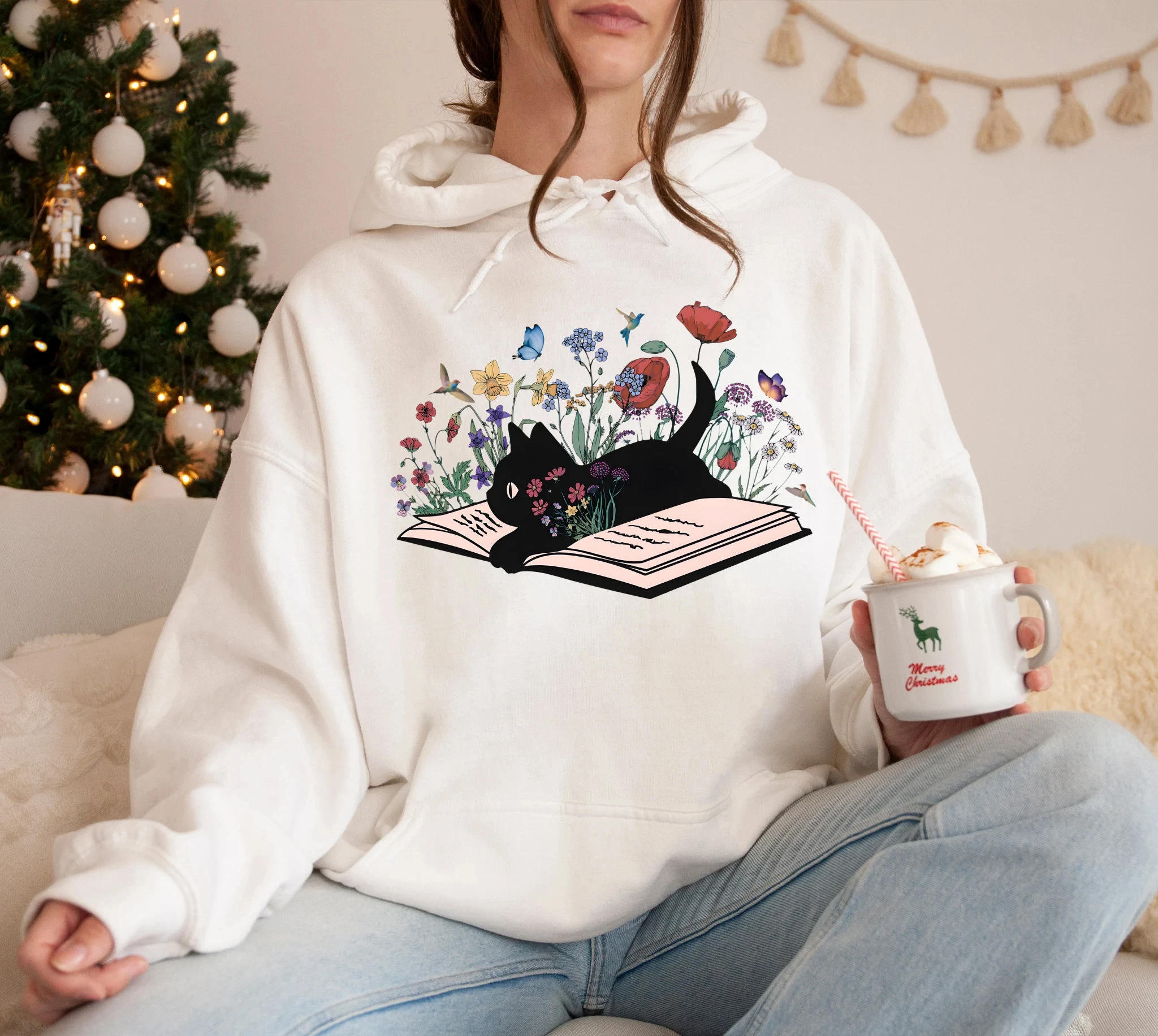 

Black Cat on The Book Hoodie Sweatshirt Women Long Sleeve Sweatshirt Pullover Funny Tops Fashion Casual Autumn Winter Clothing