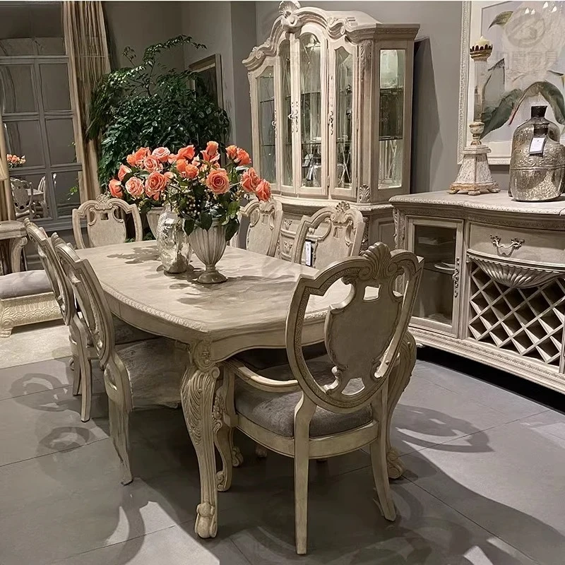 

Американский светлый роскошный прямоугольный обеденный стол из цельного дерева, французская сельская ретро-старая мебель с резьбой