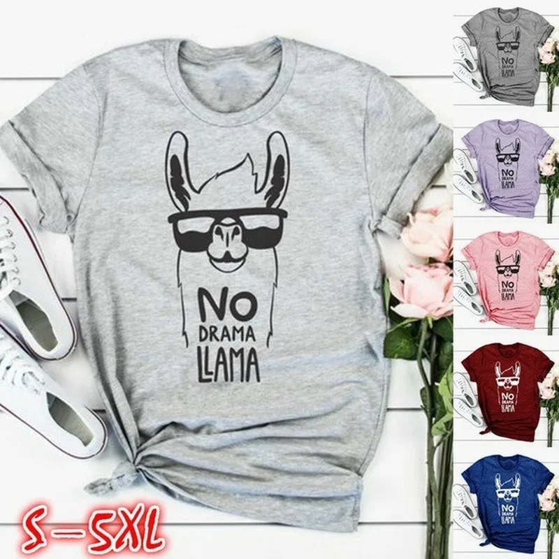 No Drama Llama Alpaca Print T Shirt Women Short Sleeve O Neck Loose Tshirt Summer Women Tee Shirt Tops Camisetas Mujer