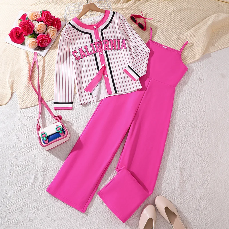 

2024 New Clothing Set Girls Long Sleeve O Neck Letter Striped T-shirt Rose Red Dress 2 Pcs Sets Casual Girls Clothes Set 8-12T