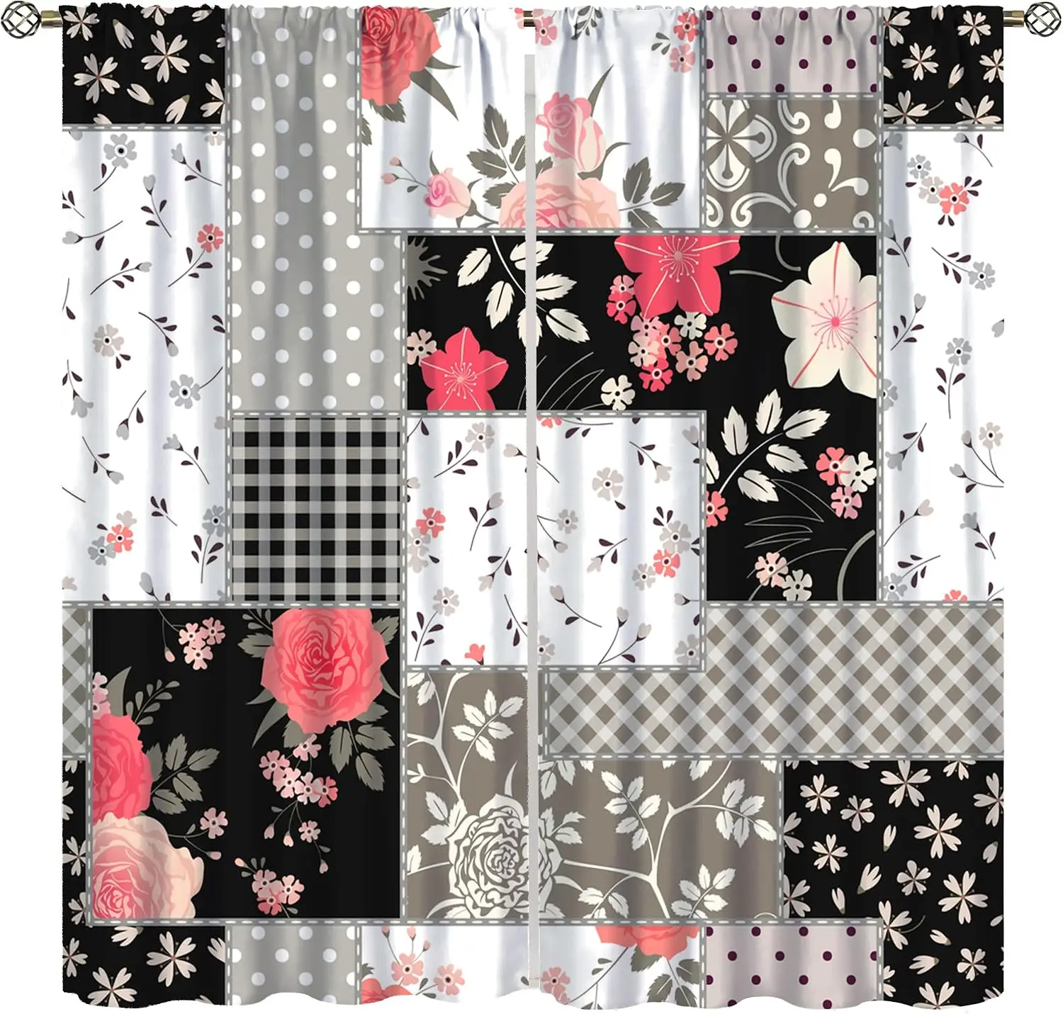Grid Splicing Pink Rose Wild Flower Print Blackout Rod Pocket Curtain Plaid Dot Contrast Soft Decor Teen Homestay Bedroom Rest