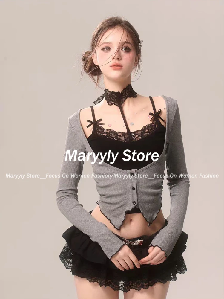 2024 Fernch Sweet Hot Girl Skirt Suit Women Sexy Lace Slim Y2k Crop Tops + High Waist Mini Skirt Fashion Outfits 2 Piece Set New