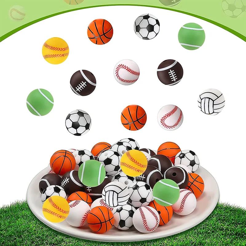 15mm Silicone Sports Ball Beads Rugby Football Tennis Color Loose Bead for DIY Bracelet Keychain Jewelry Makings