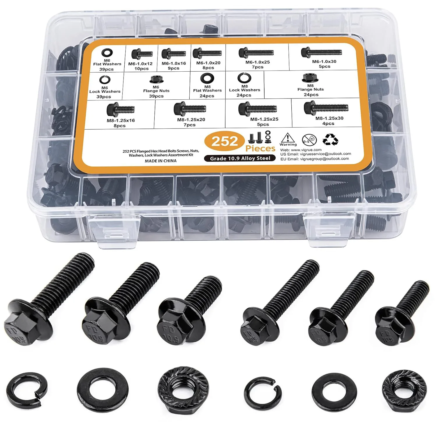 252/280/272pcs M6M8M10 Flange Hex Head Bolts Nuts Washers Kit Class 10.9 Alloy Steel Black Zinc Plated Metric Flanged Hex Screws