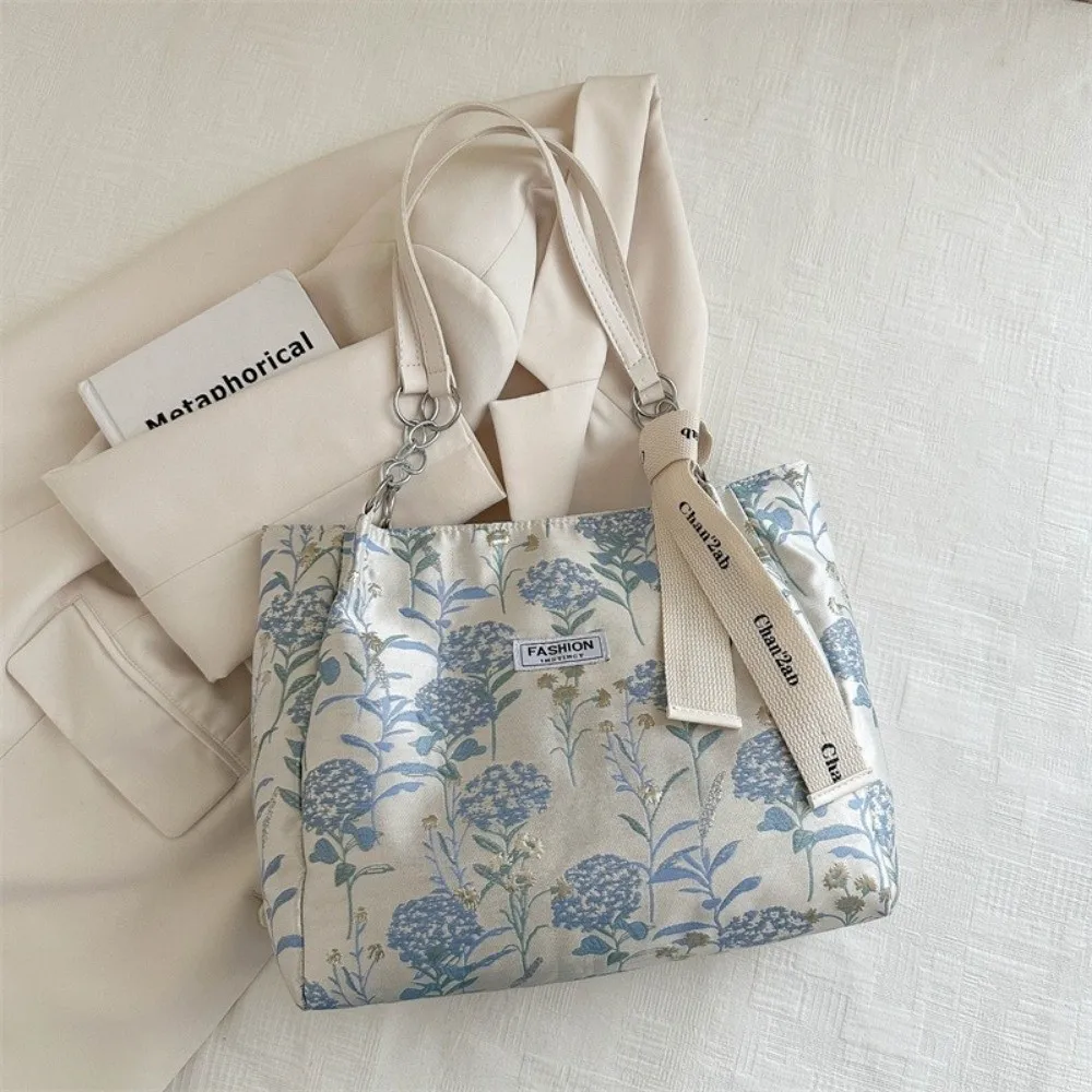 Fashion Printed Embroidery Flower Shoulder Bag Canvas Elegant Tote Bag Large Capacity Artistic Underarm Bag Work