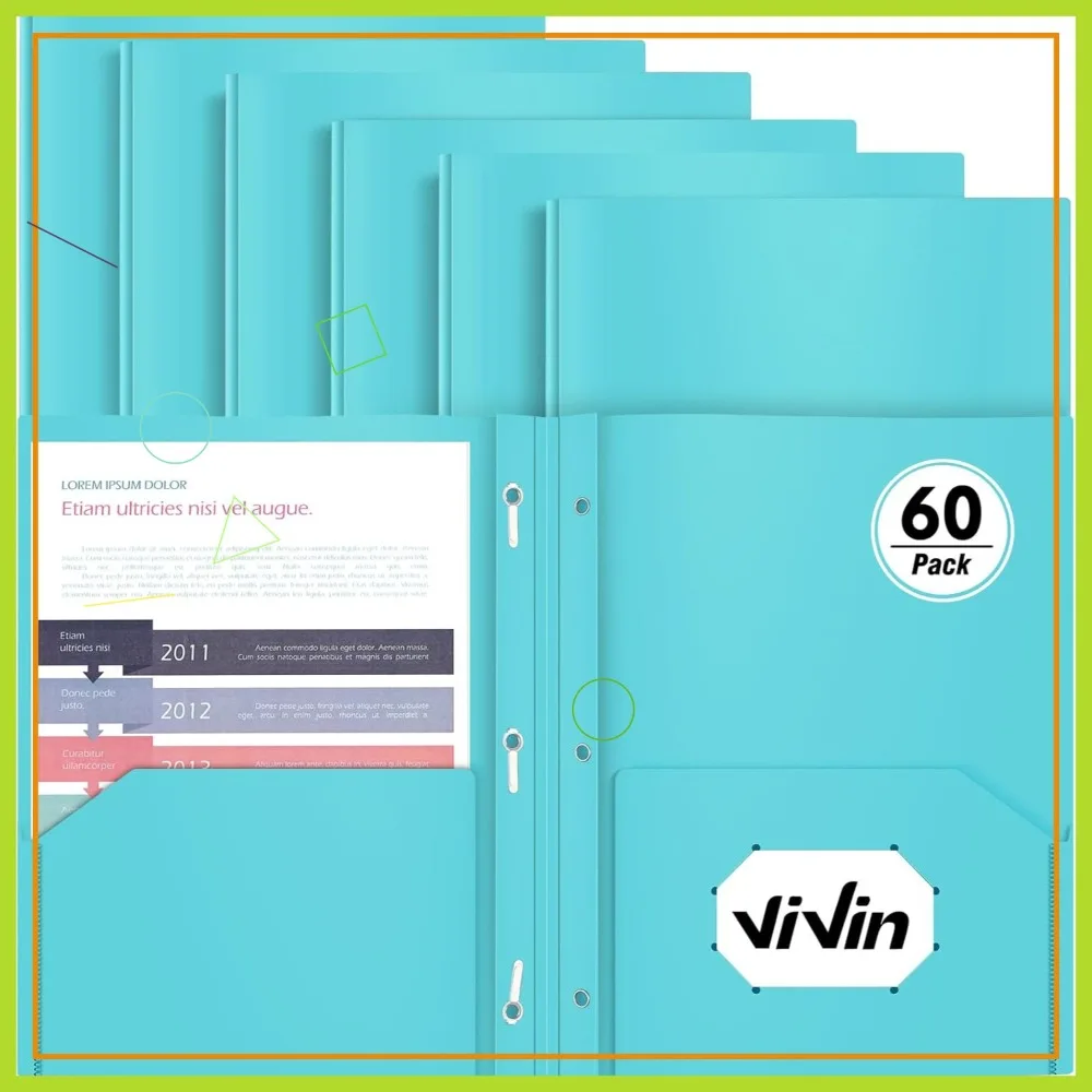 

Heavy Duty Plastic Folder, 60 Pack with Brads, Letter Size Poly File in Light Blue