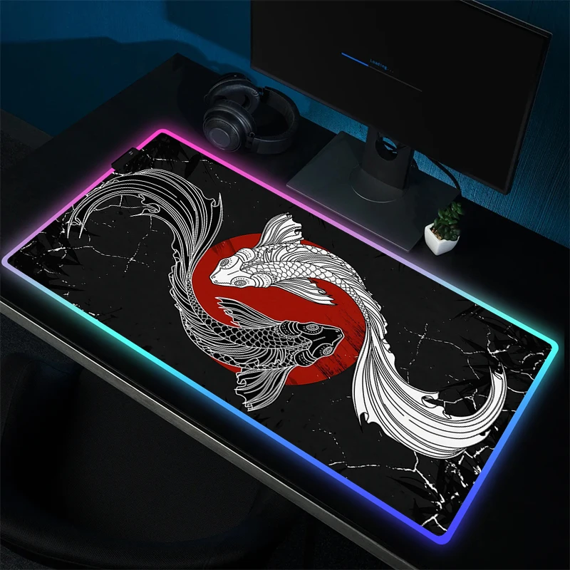 

Large Gaming Mousepad RGB Koi Taichi Mouse Mat Game Rubber Keyboard Mouse Pad Gamer Locking Edge Computer Carpet LED Accessories