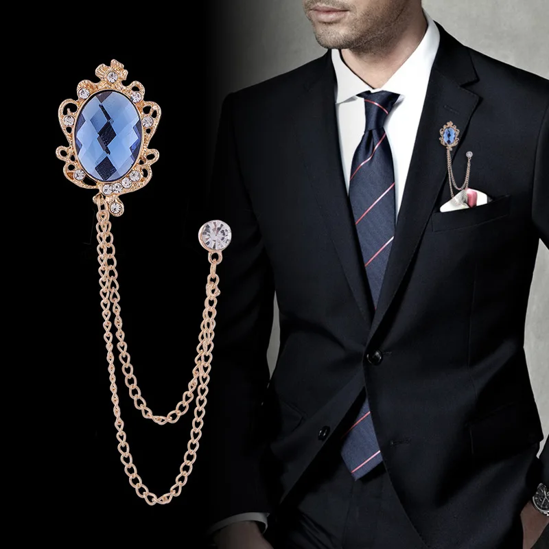 Crown Gemstone Brooch Fashion Tassel Chain Crystal Brooches Shirt Collar Lapel Pins Jewelry Gifts for Women Men Accessories