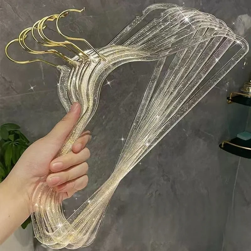 Xingju Clothes Hanger Acrylic Clothes Hanger Glitter Clear Plastic Garment Hanger Gold Hook Non Slip For Closet Clothing Store D