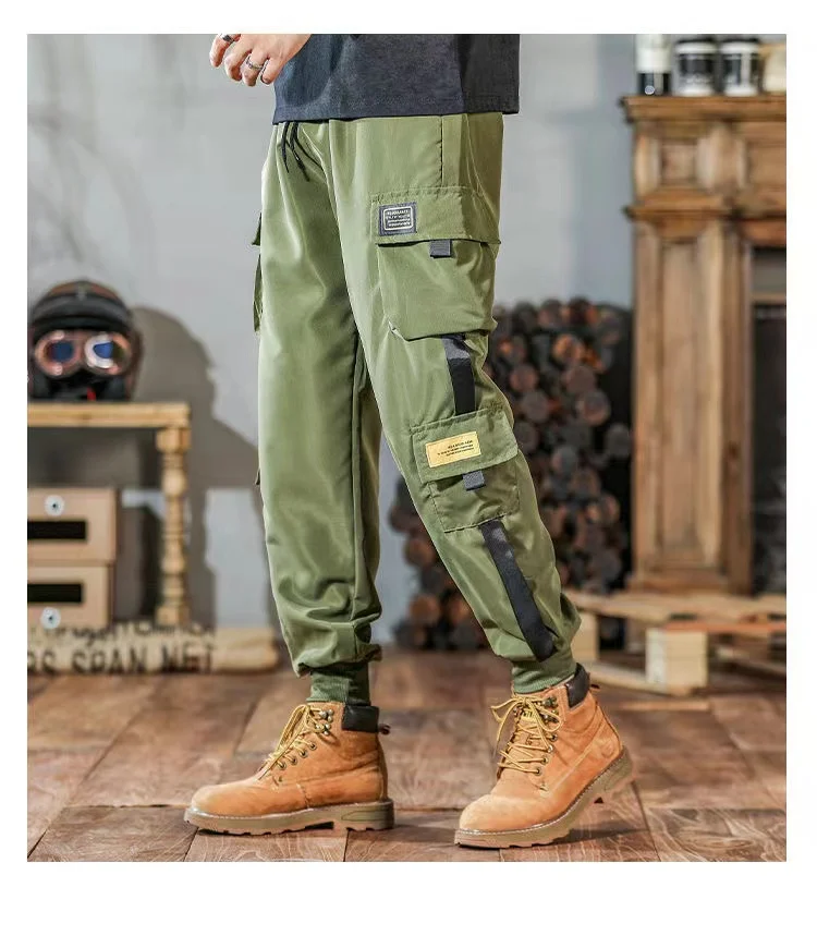 Men\'s Cargo Pants Casual Hip Hop Hit Color Multiple Pockets Trousers Streetwear Ribbons Techwear Sweatpants