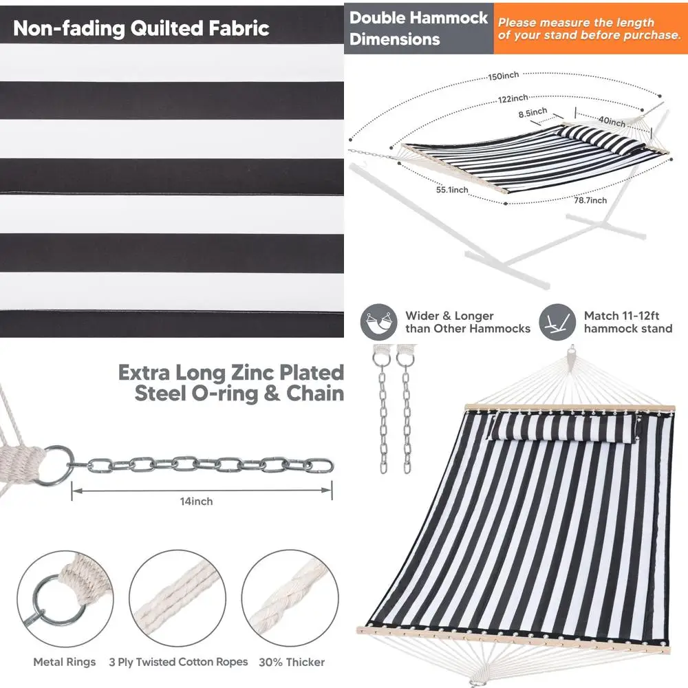 

Очень большой двойной гамак с барами из твердой древесины, мягкая подушка, сверхпрочный для 2, подходит для использования в помещении и на открытом воздухе, черные полосы