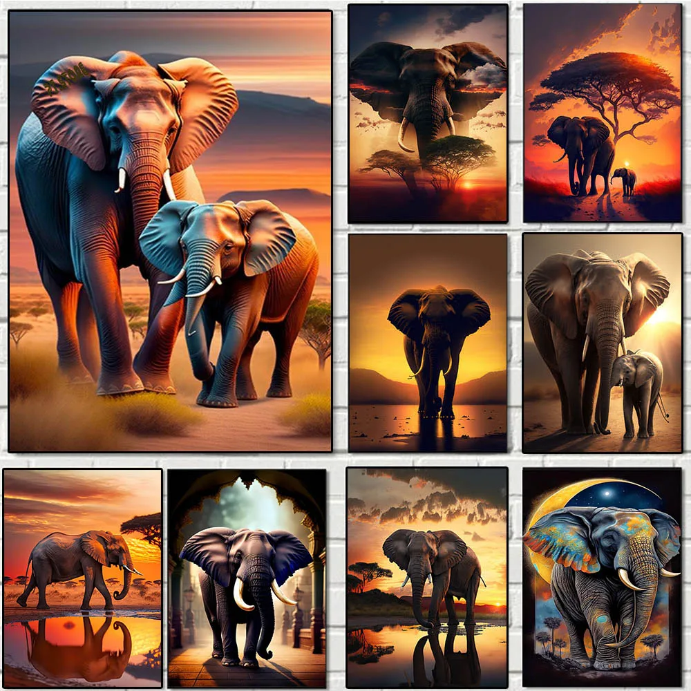 

African Savannah Large Wildlife Elephant Landscape Posters Wall Art Family Canvas Painting Love Room Living Room Home Gift Decor