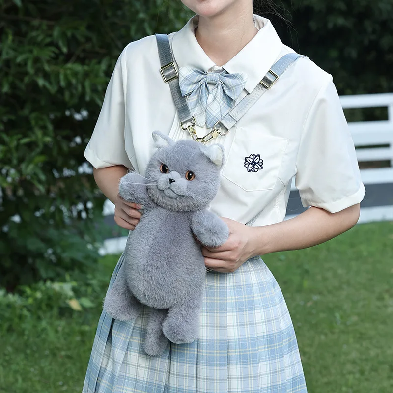 Pure handgemaakte simulatie pluche kattenrugzak grijs trendy modieuze Britse korthaar rugzak kat geschikt voor verjaardagscadeaus