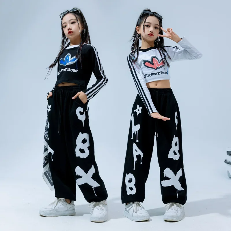 Children Ballroom Street Dance Wear Graffiti Cotton T Shirt Pants Hip Hop Costumes for Girls Dancewear Outfits Dancing Clothes