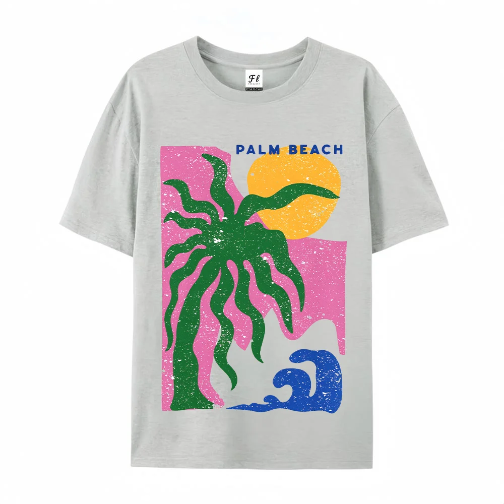 Women Palm Beach Retro Sunset Print T Shirt Vintage Tropical Palm Tree Graphic Tee Summer Short Sleeve Top Casual Fashion