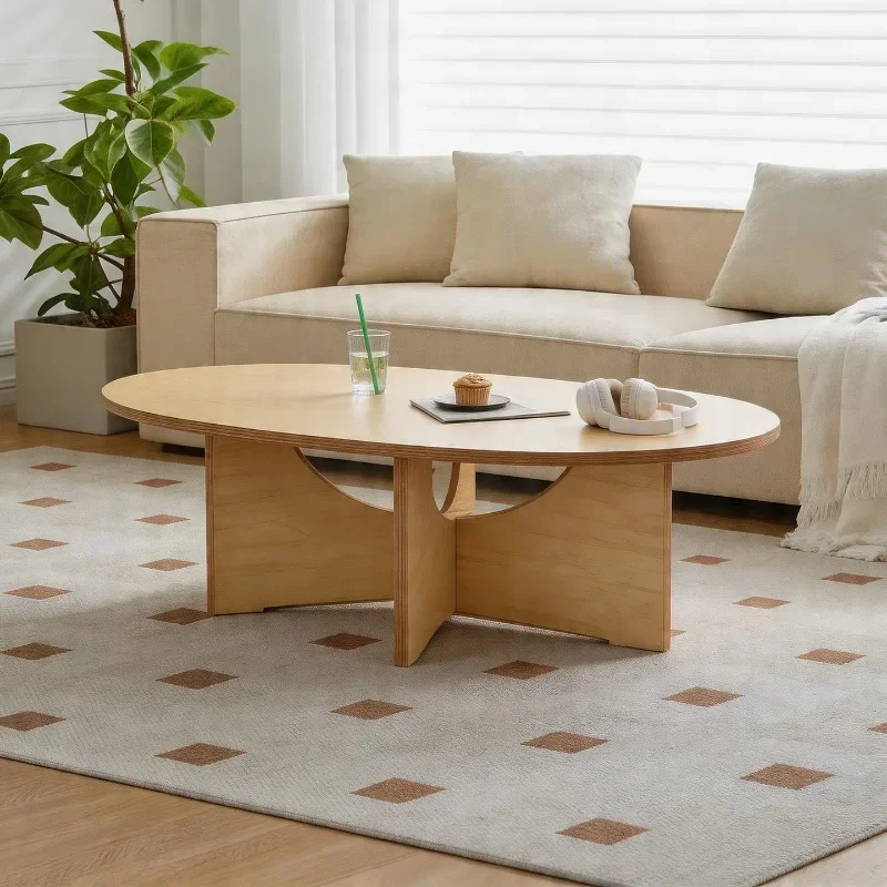 Minimalist Wood Oval Coffee Table, Scandinavian-Inspired Center Table, End Table with Geometric Legs for Living Room