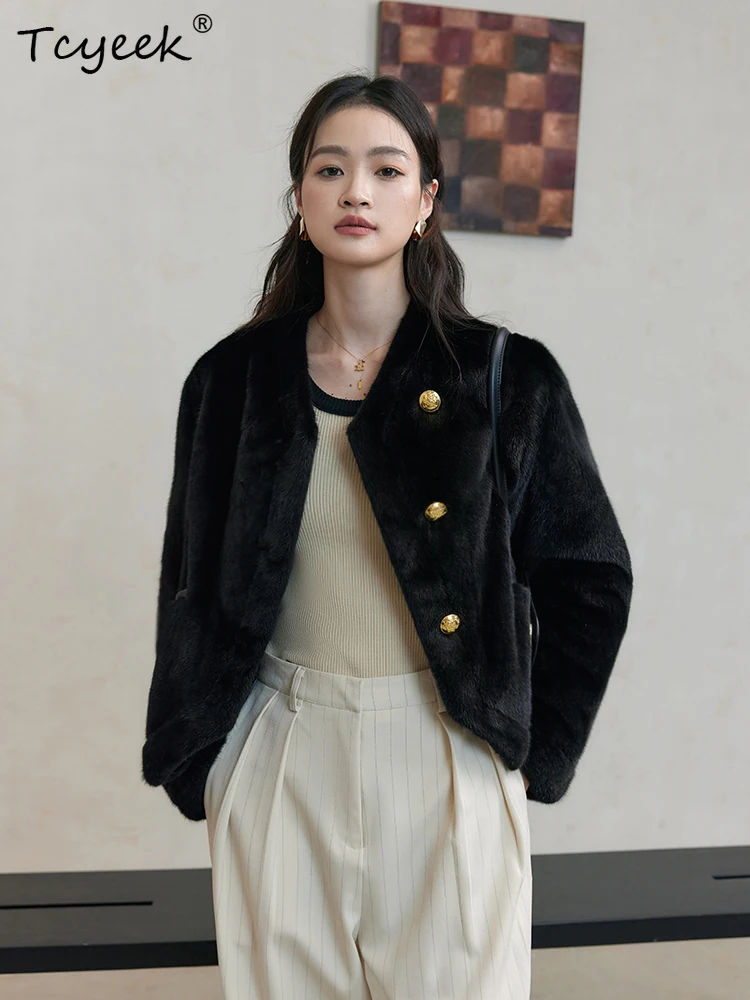 Tcyeek 本物のウール 秋冬 ハイエンド トレンド ミンクファー ブラック カジュアル レディース ウール シアリング ファーコート ファー婦人服