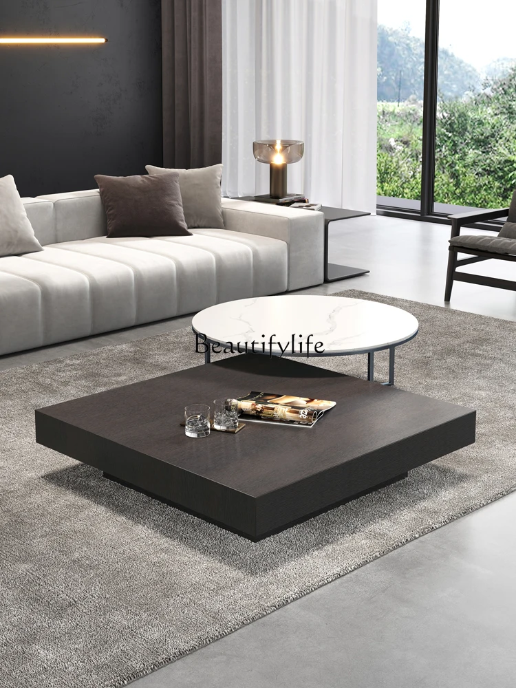 Simple Modern Italian Minimalist Light Luxury Smoked Wood Square round Combined Tea Table Living Room Furniture