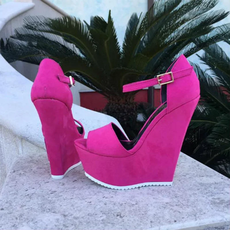 

Solid Super High Platform Wedge Sandals Blue Yellow Pink Suede Ankle Strap Peep Toe Summer Wedged Heels Shoes Casual