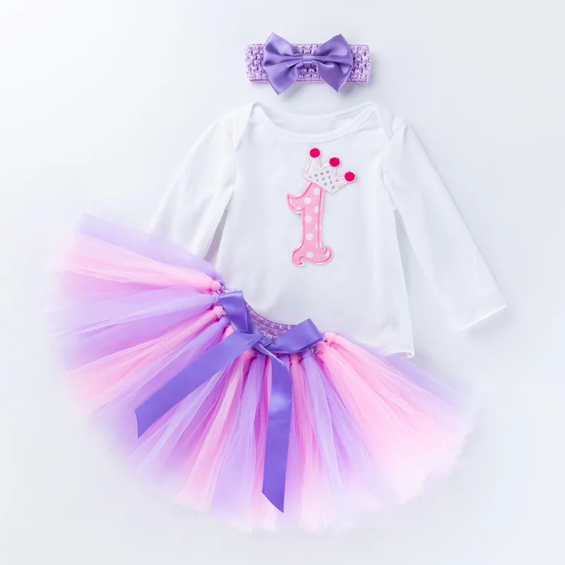 

Наряды для первого дня рождения для девочек, длинный комбинезон с короной, фатиновая юбка принцессы для малышей, розовое, фиолетовое платье-пачка, комплекты одежды для новорожденных 1 года