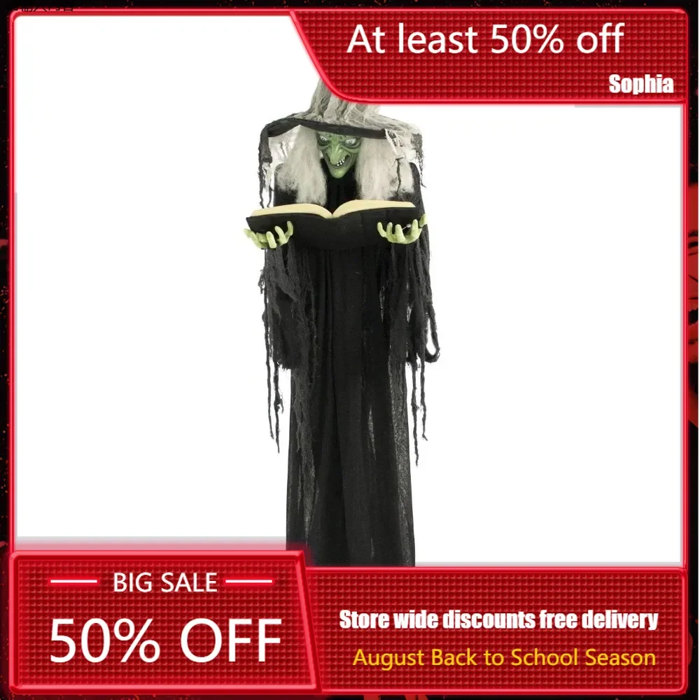 

72" Standing Witch with Book Animatronic,Life-size Halloween Prop,15"D X 18"W X 69"H, for Indoors or Outdoor Area, Halloween